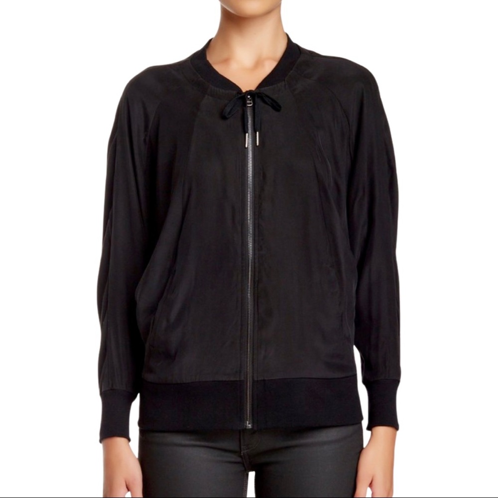 DAVID LERNER Silk Batwing Zip Up Black Jacket